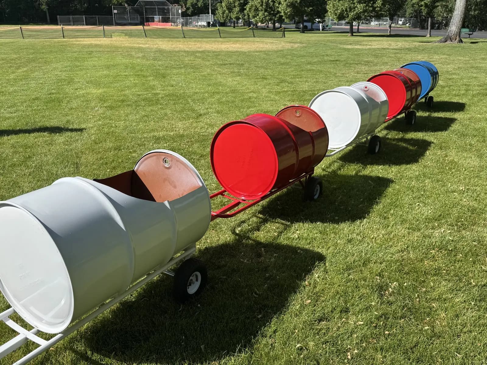The barrel cars hitched together