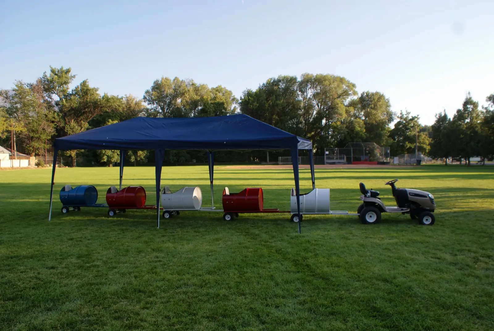 The barrel train set up under its pop-up tent