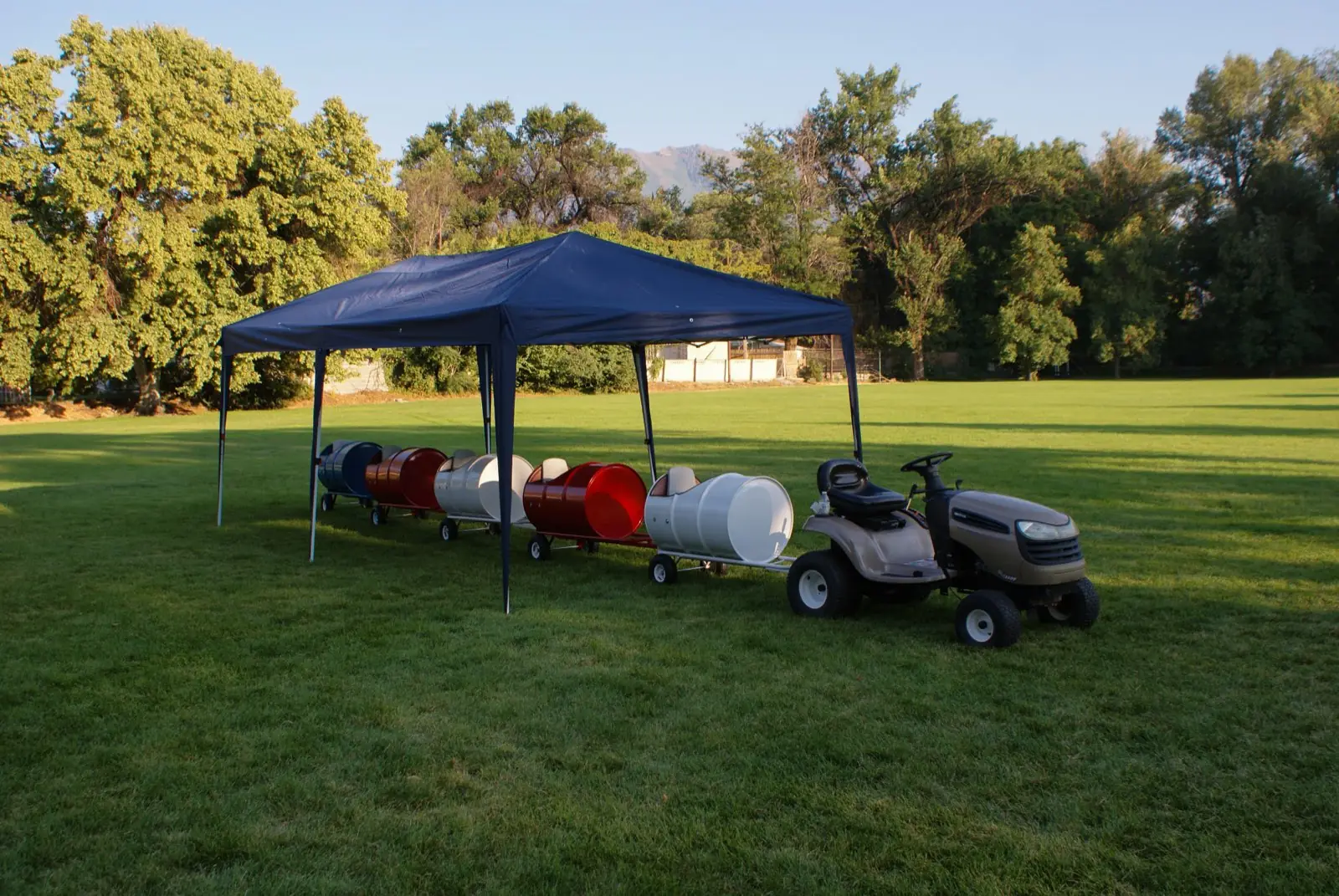 The barrel train staged under the train-station tent